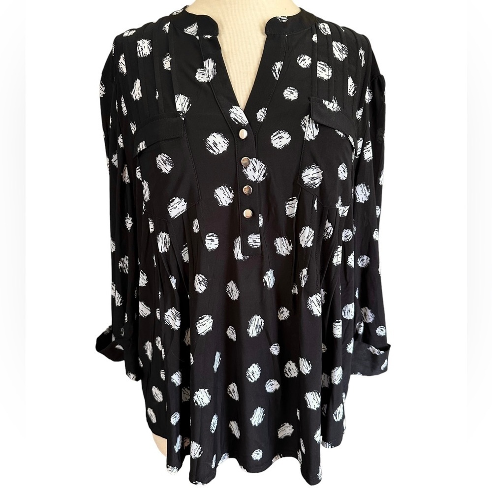 COCOMO Large 3/4 sleeve Black White women’s Pintuck Blouse top shirt